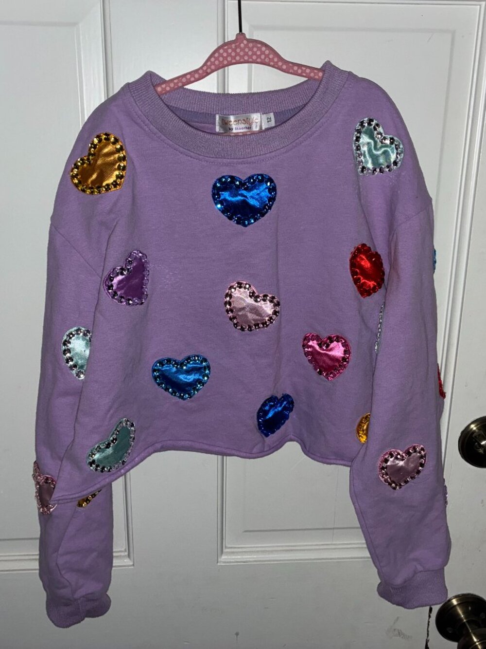 Lavender Heart and Rhinestone Cropped girls Sweatshirt size 12